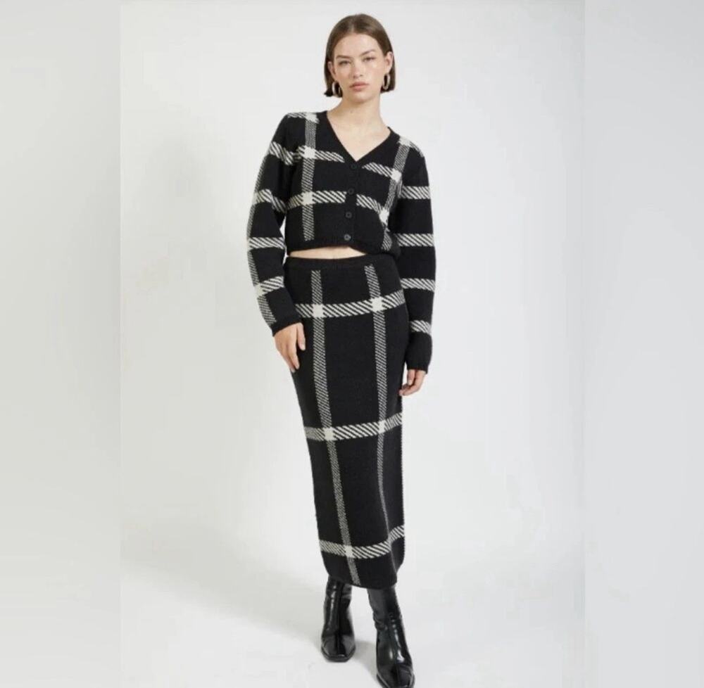 En Saison Callaham Knit Checker Midi Sweater Skirt Sz M Plaid Old Money Preppy